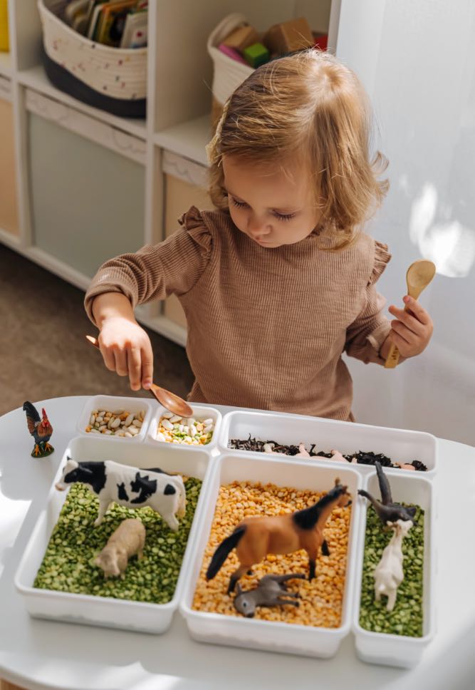 A little girl plays with a colorful sensory bin with farm animals - contact Romp n' Roll in Willow Grove, PA for sensory activities.